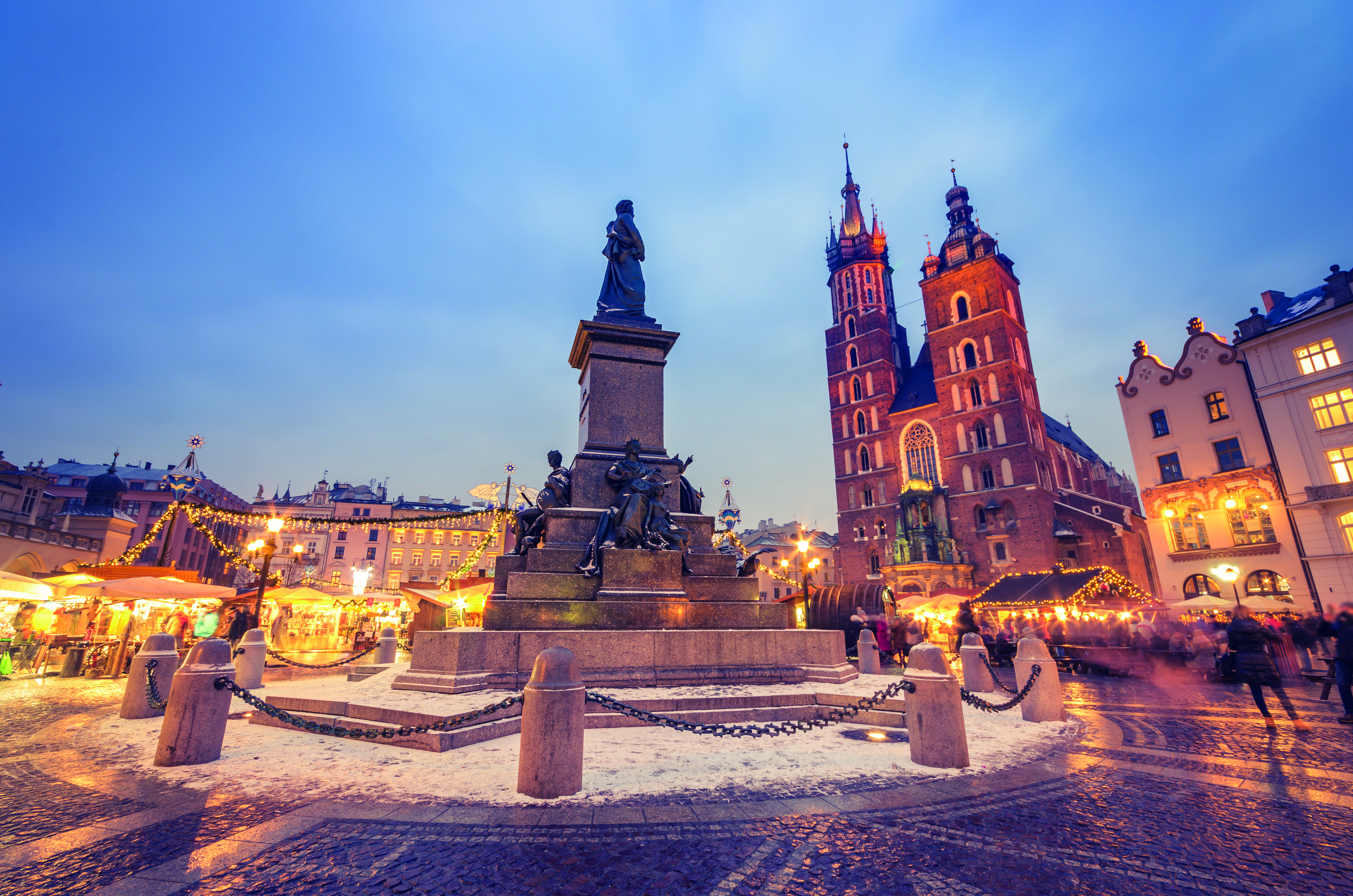 snowy square in Krakow, Poland
