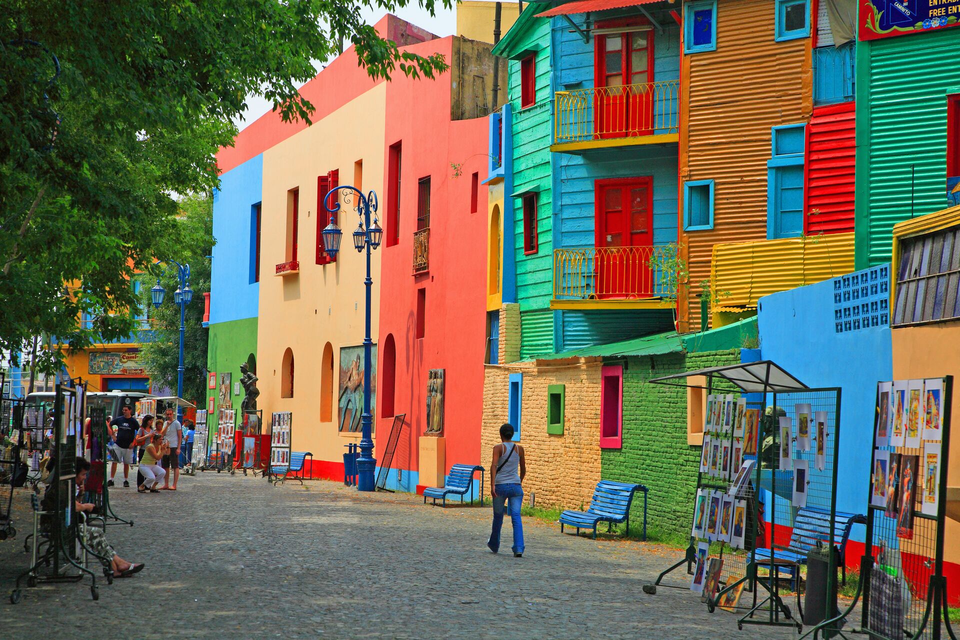 Bright coloured houses in red, yellow, green, blue in La Boca, Buenos Aires