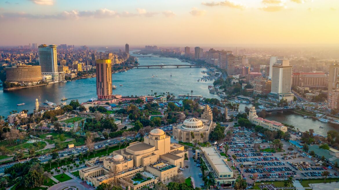 Aerial view of Cairo, capital of culture, showing the river Nile in the background