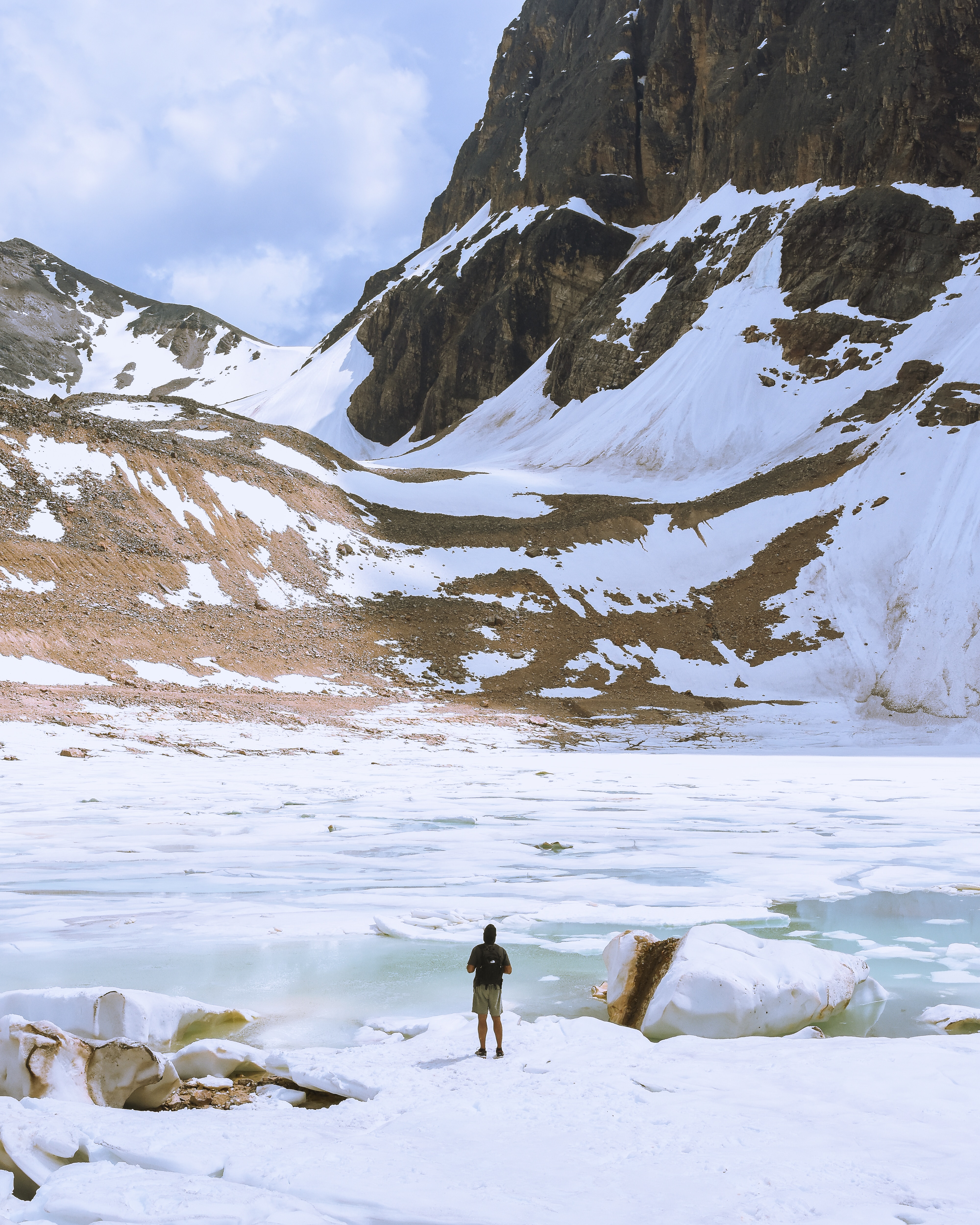 A man by the Glaciers of Alberta, Canada. He is dwarfed by sloping mountains in the background