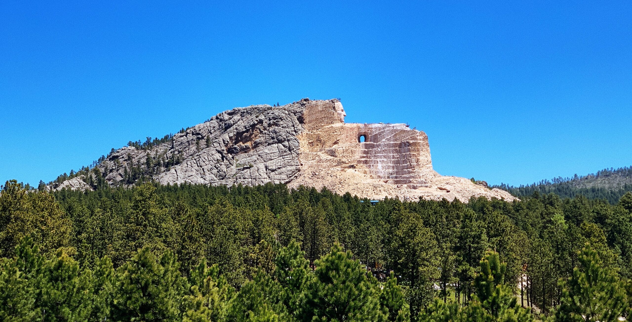 Image of Crazy Horse memorial, white coloured rock against a bright blue sky with dense green forest in the foreground.