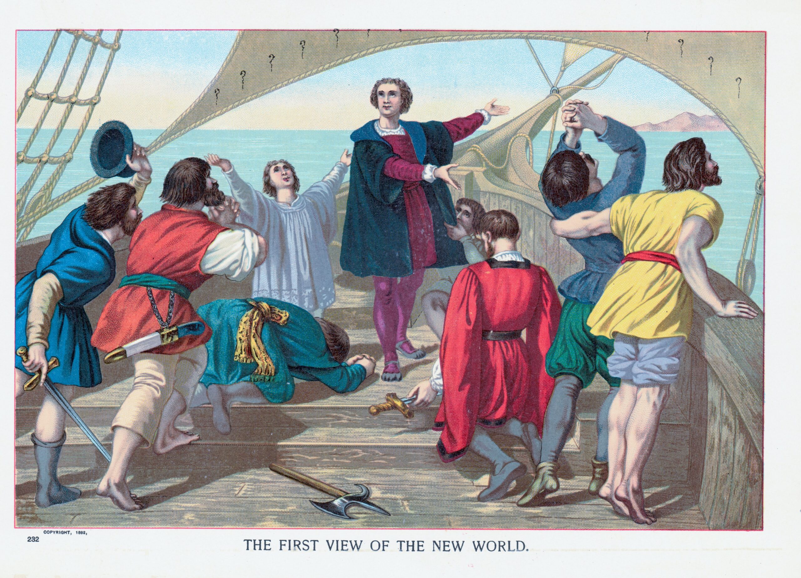 drawing depicting Christopher Columbusand six other people, looking out over the bow od a ship en route to the New World, with bright red, yellow and green robes and a blue sea behind