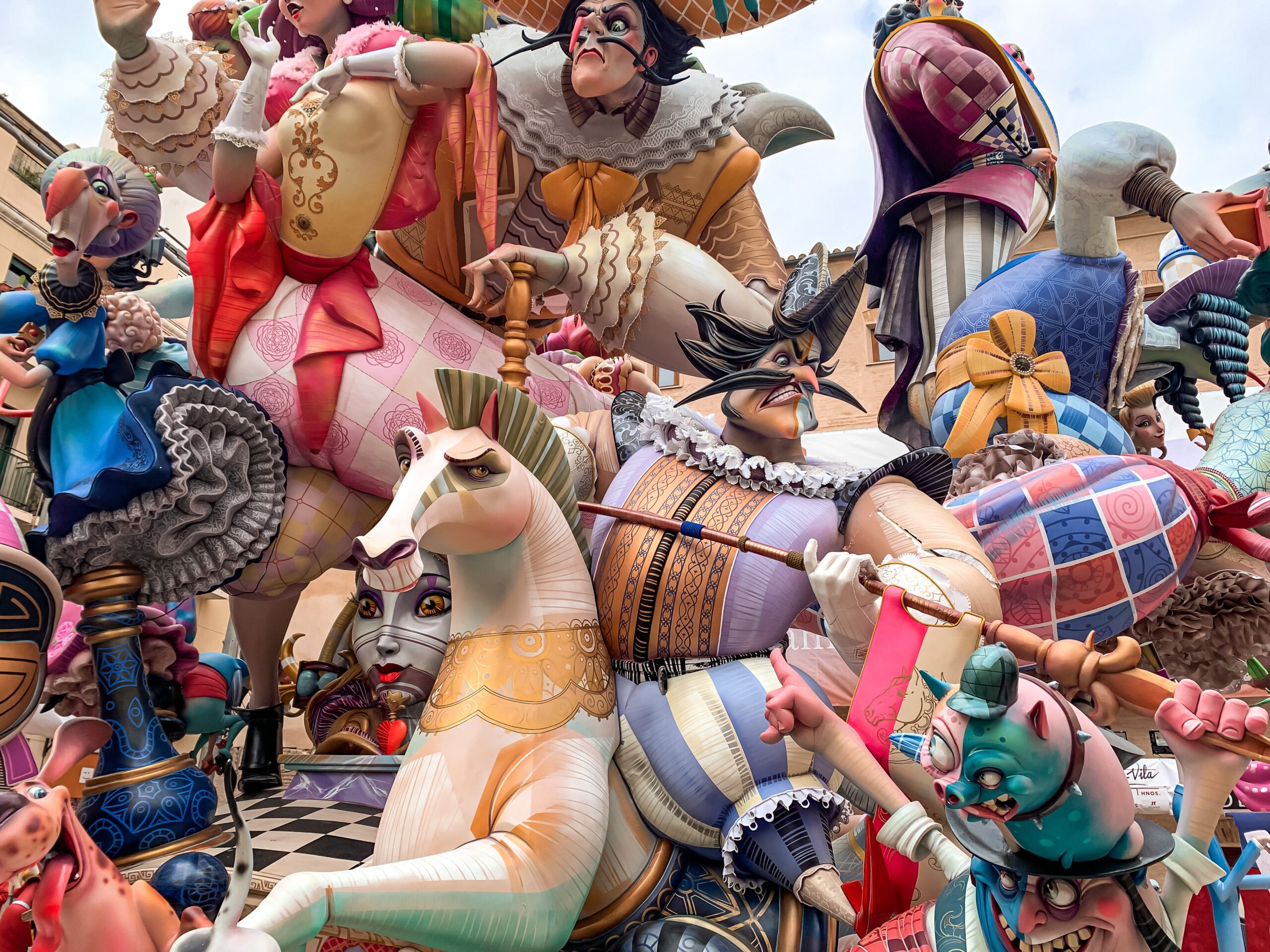 Close up of intricate paper cache figurines including horses and humans, from Las Fallas spring festivals