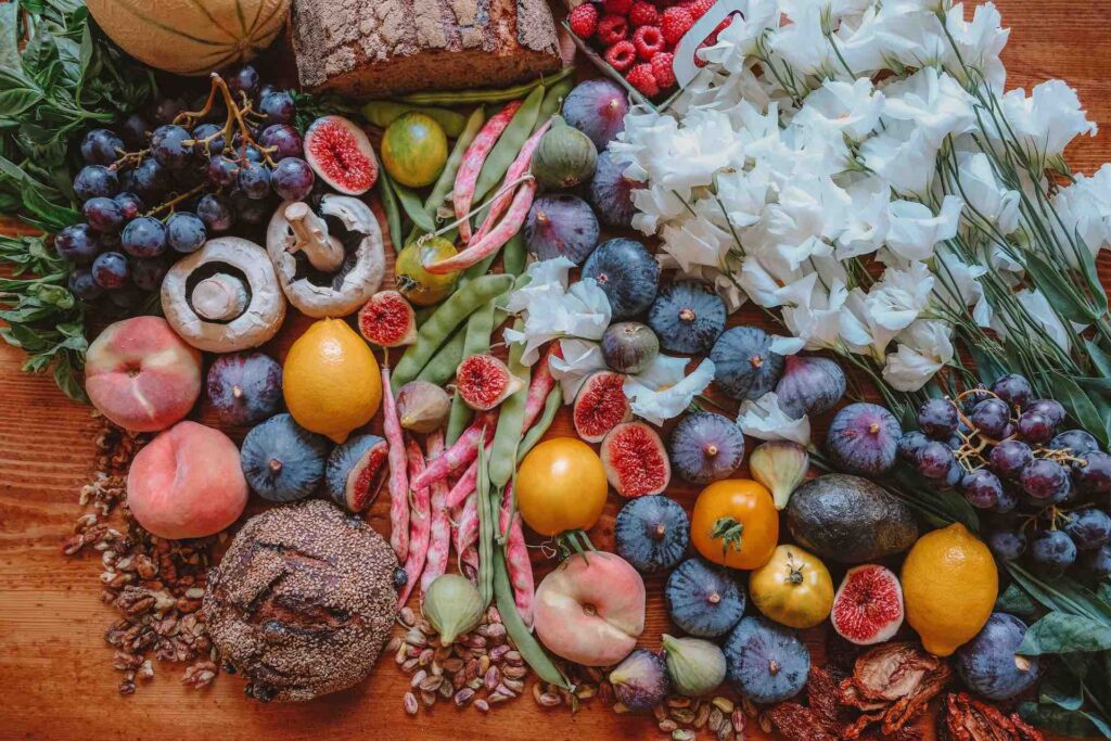 Ingredients including fruit and vegetables on a table