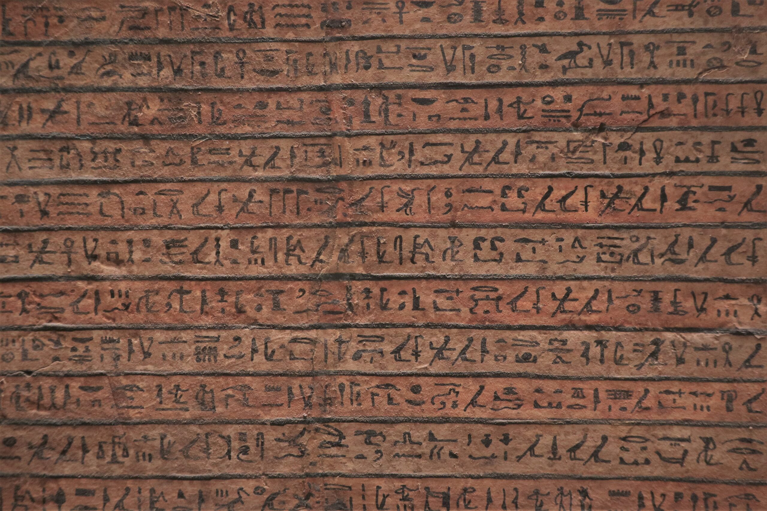 Hieroglyphics are shown on brown papyrus parer