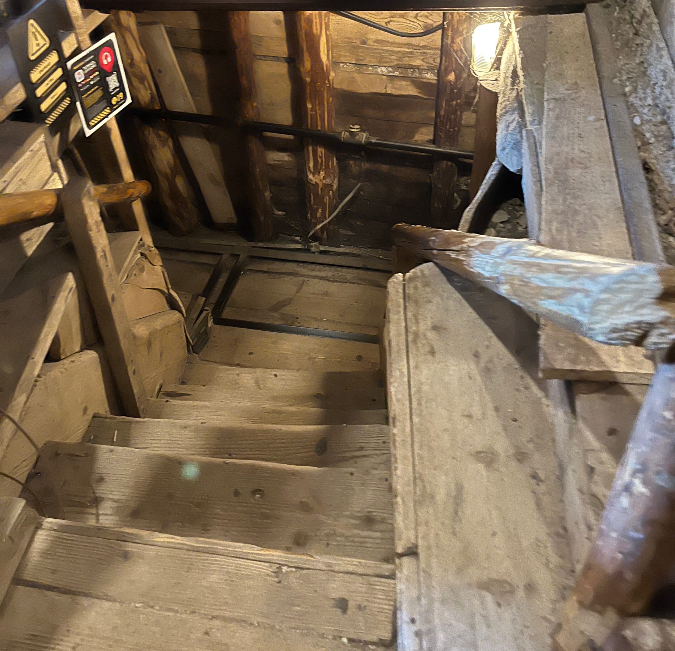 Brown wooden steps leas down to the thin entrances of the Tunnel of Hop, with wooden handrails and low lighting