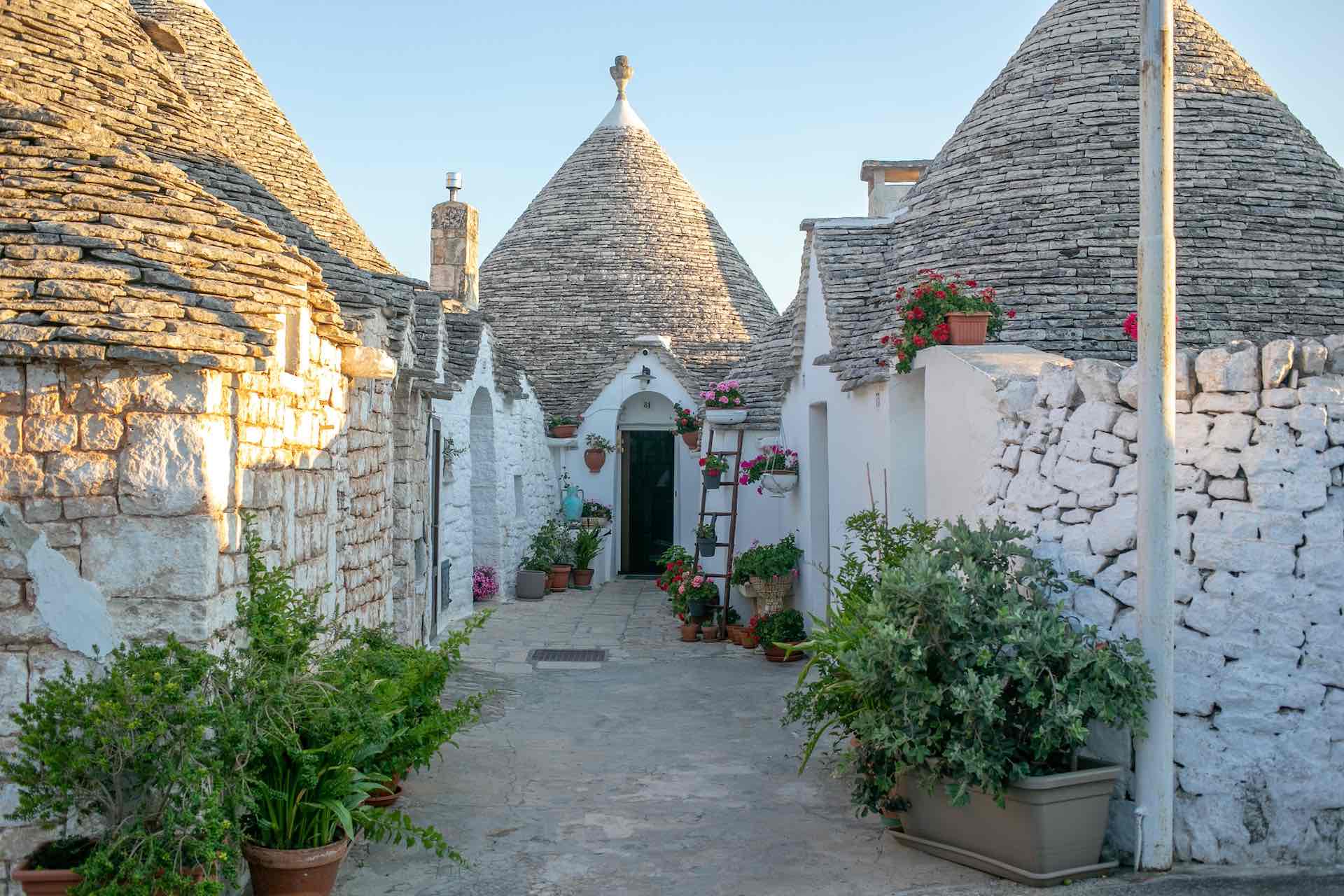 A quaint street of Trulli houses in Puglia, partially glowing in the golden hour light. Potted plants and bushes line the alley.