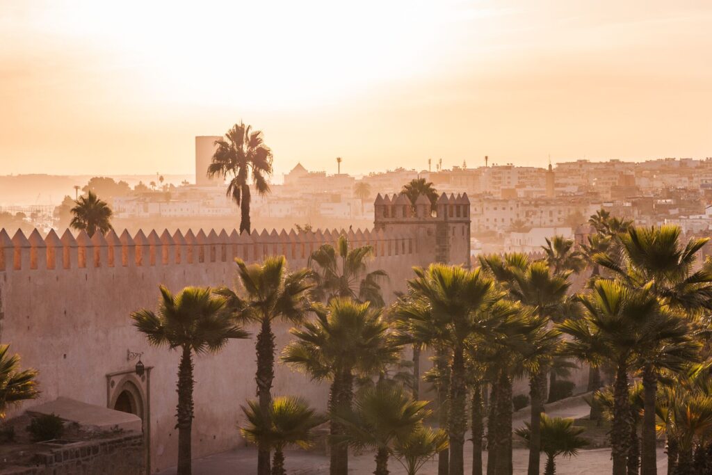 The city of Marrakech at sunset with palm trees and bazaars.