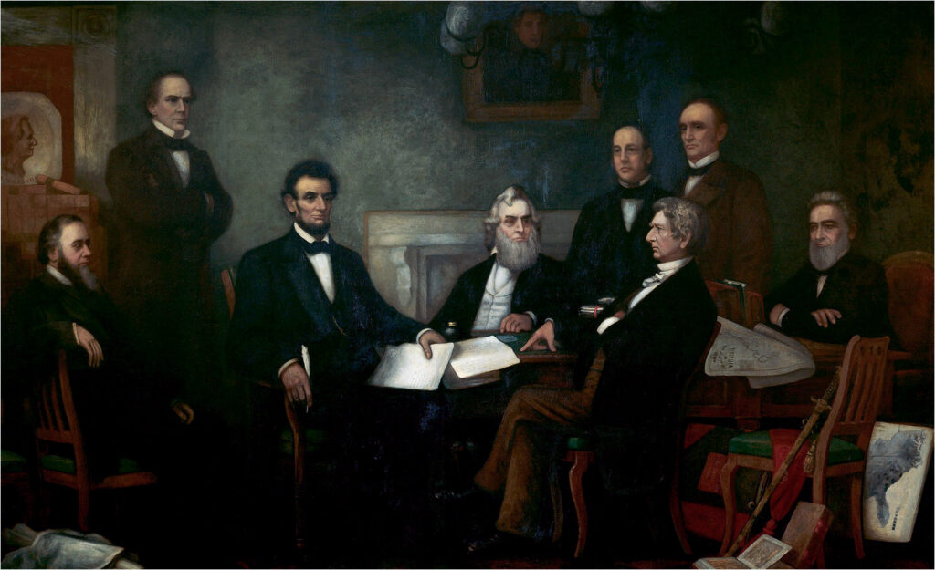 Historical paining of Abraham Lincoln signing the Emancipation Proclamation with group of men. 