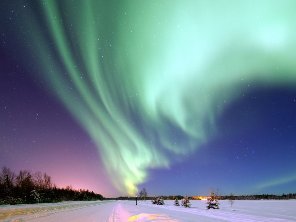 The northern lights in Alaska, shining green in the night sky