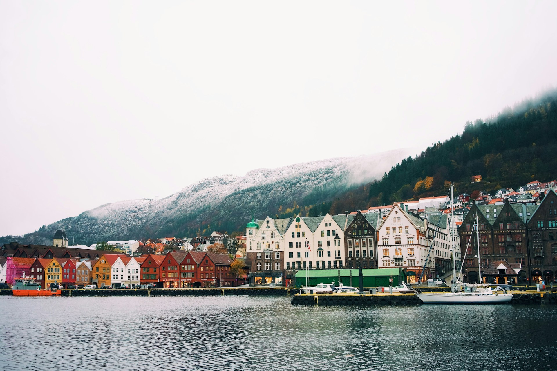 Photo of Bergen, Norway on the first day of snow fall in Autumn 