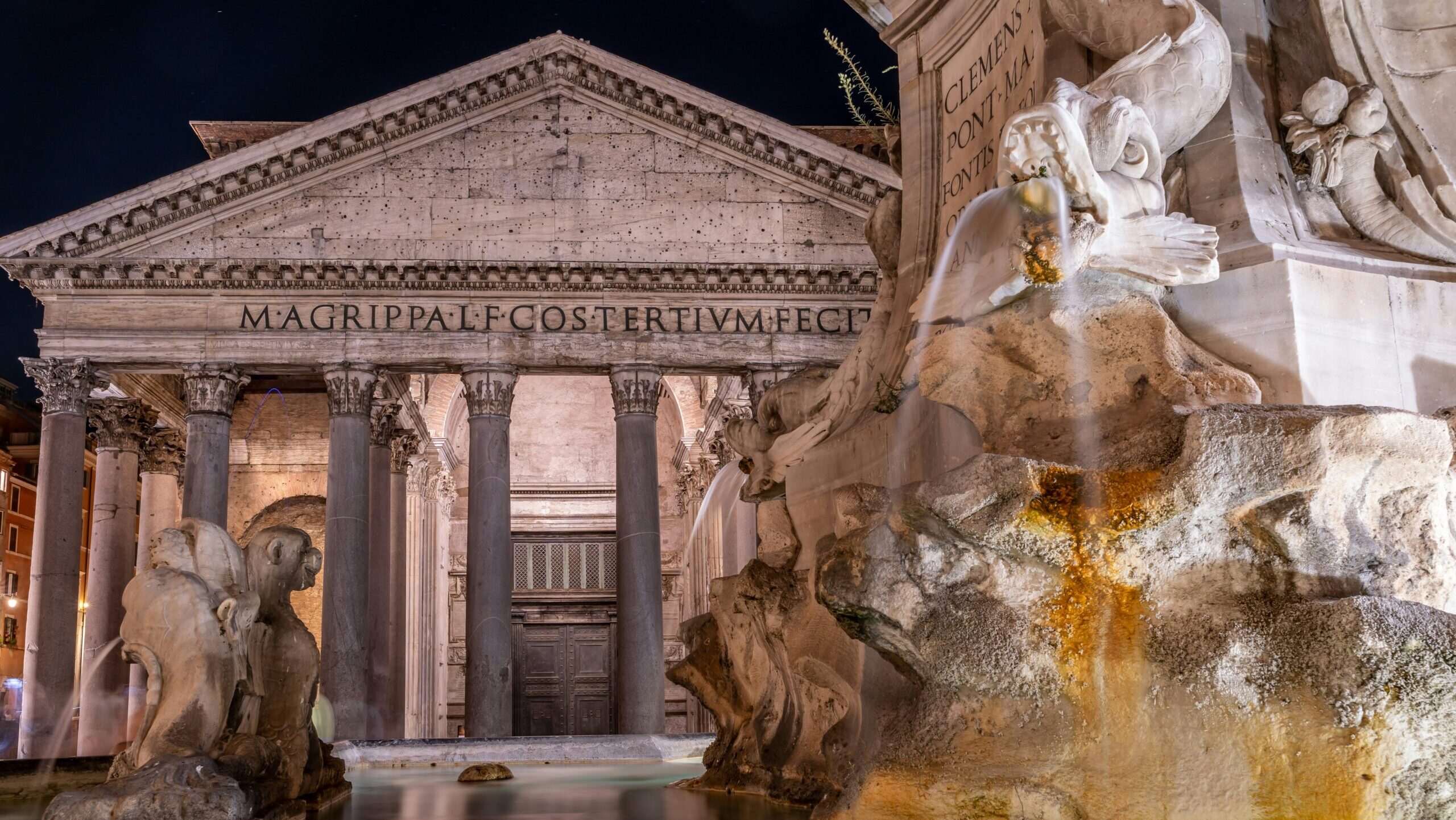 Rome's Forum, photographed at night, with the Pantheon Fountain in the foreground