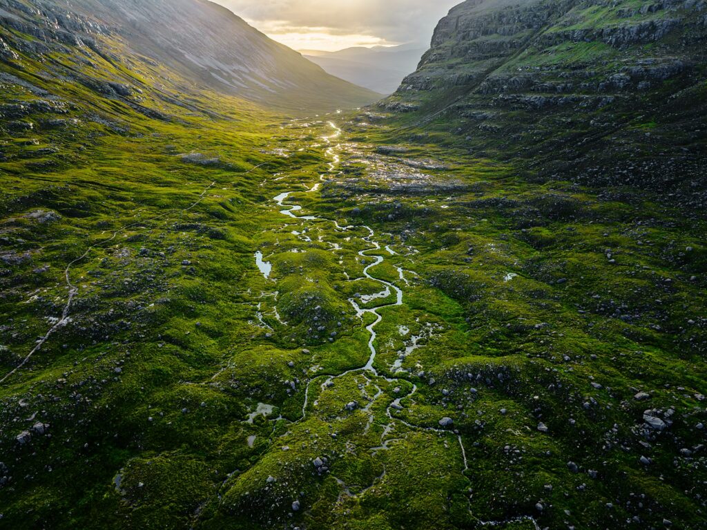 Aerial photo of river tributaries coming together in a green landscape, with sunlight reflected on the water