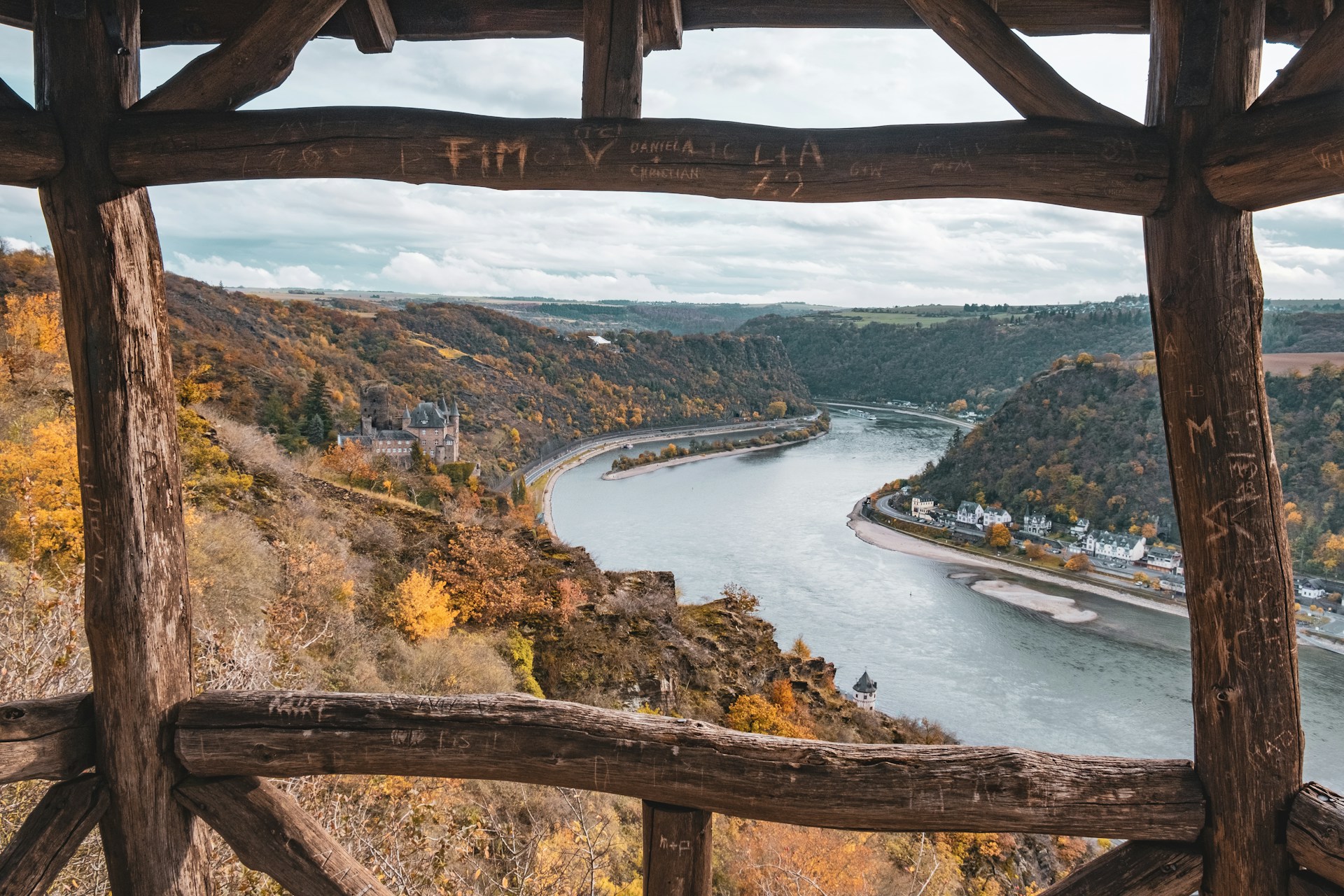 View of the Rhine Valley in Autumn, as seen through a wooden scaffolding structure