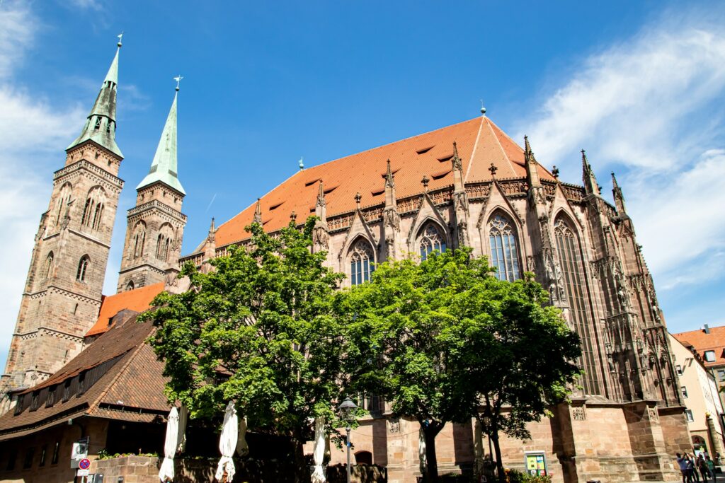 An image of St. Sebaldus medieval church in Nuremberg, shot at an upwards angle from the ground