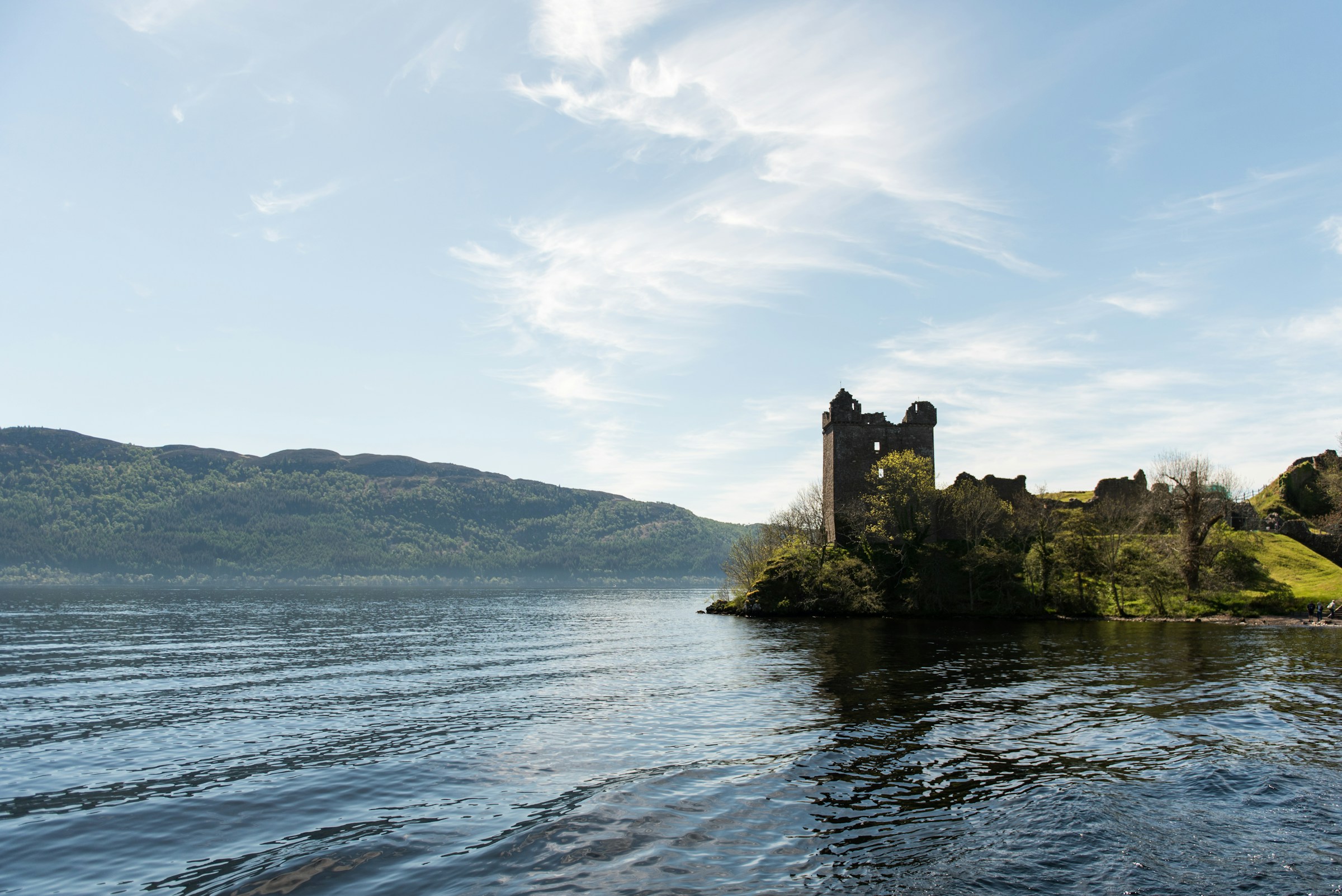 Photo of Urquhart Castle overlooking Loch Ness, seen from the water level