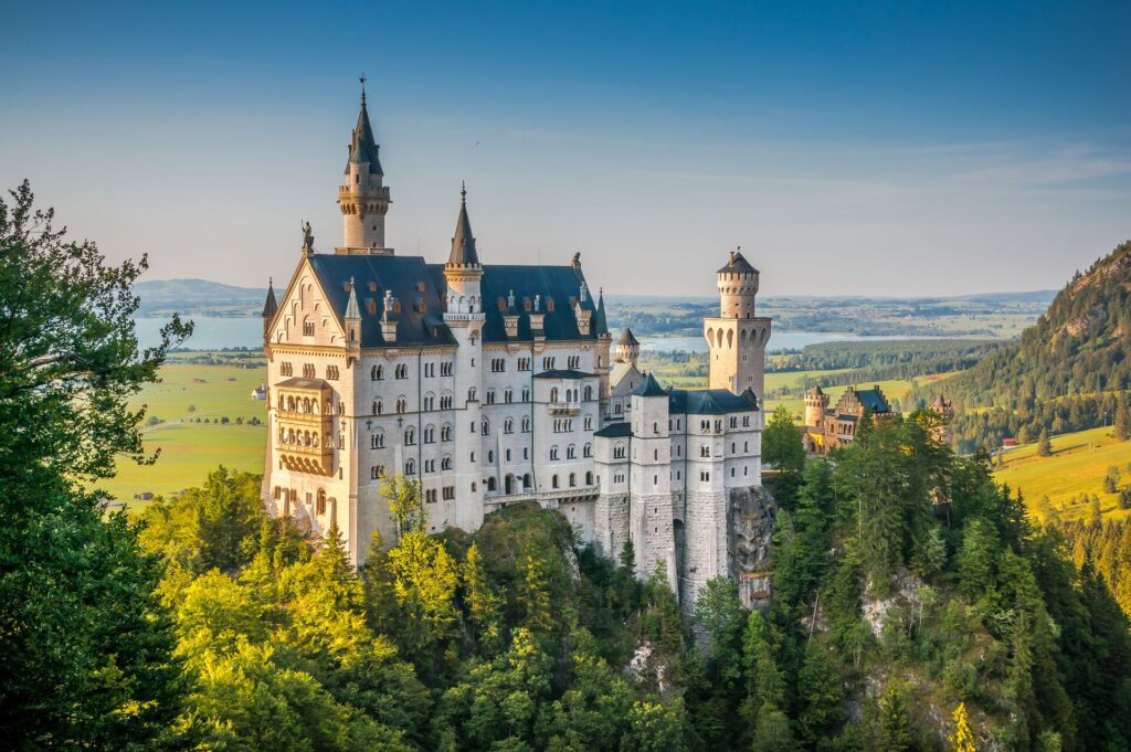 Famous Neuschwanstein Castle with scenic mountain landscape near Fussen, Germany