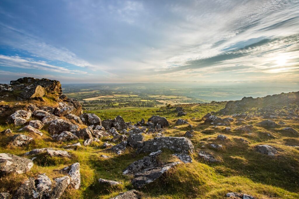 View across the hills and rocks of Dartmoor National Park, England