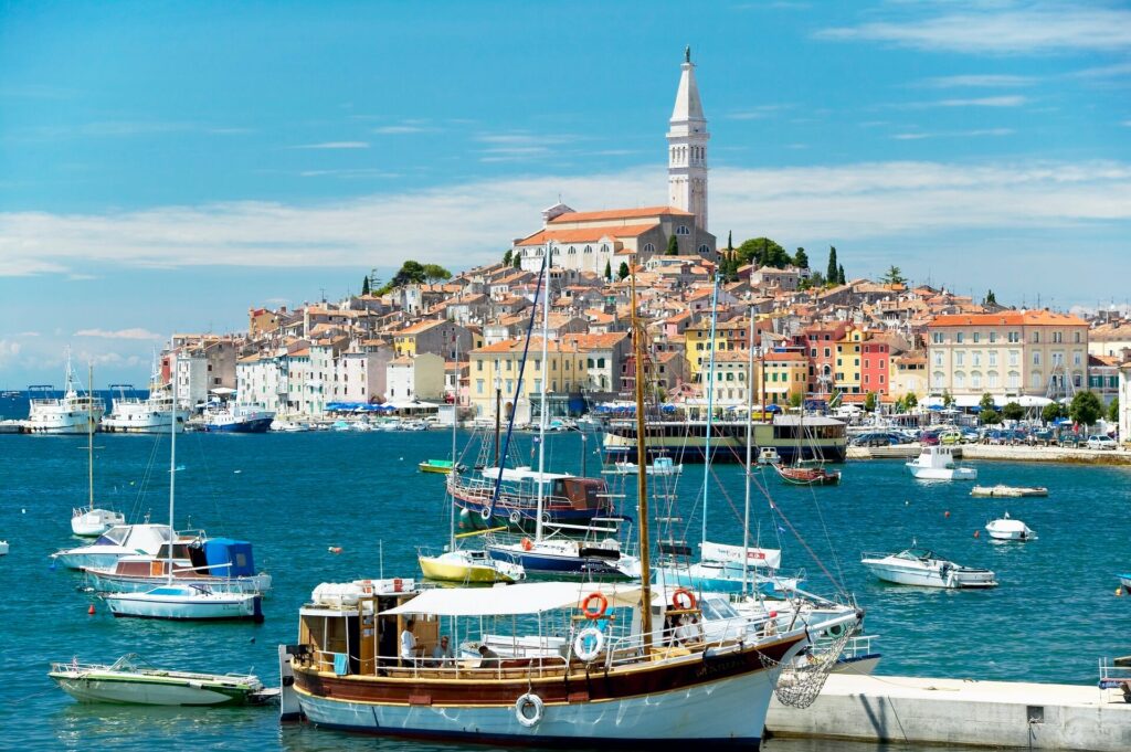 Boats dotted in the waters around Istria, Rovinj in Croatia