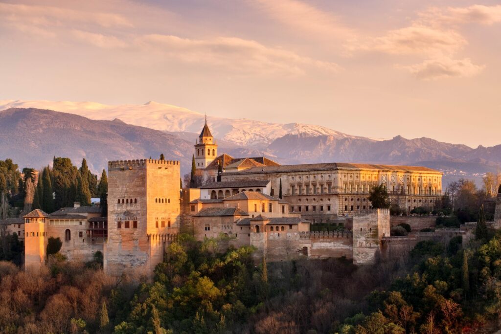 The Alhambra Palace in Spain at dusk
