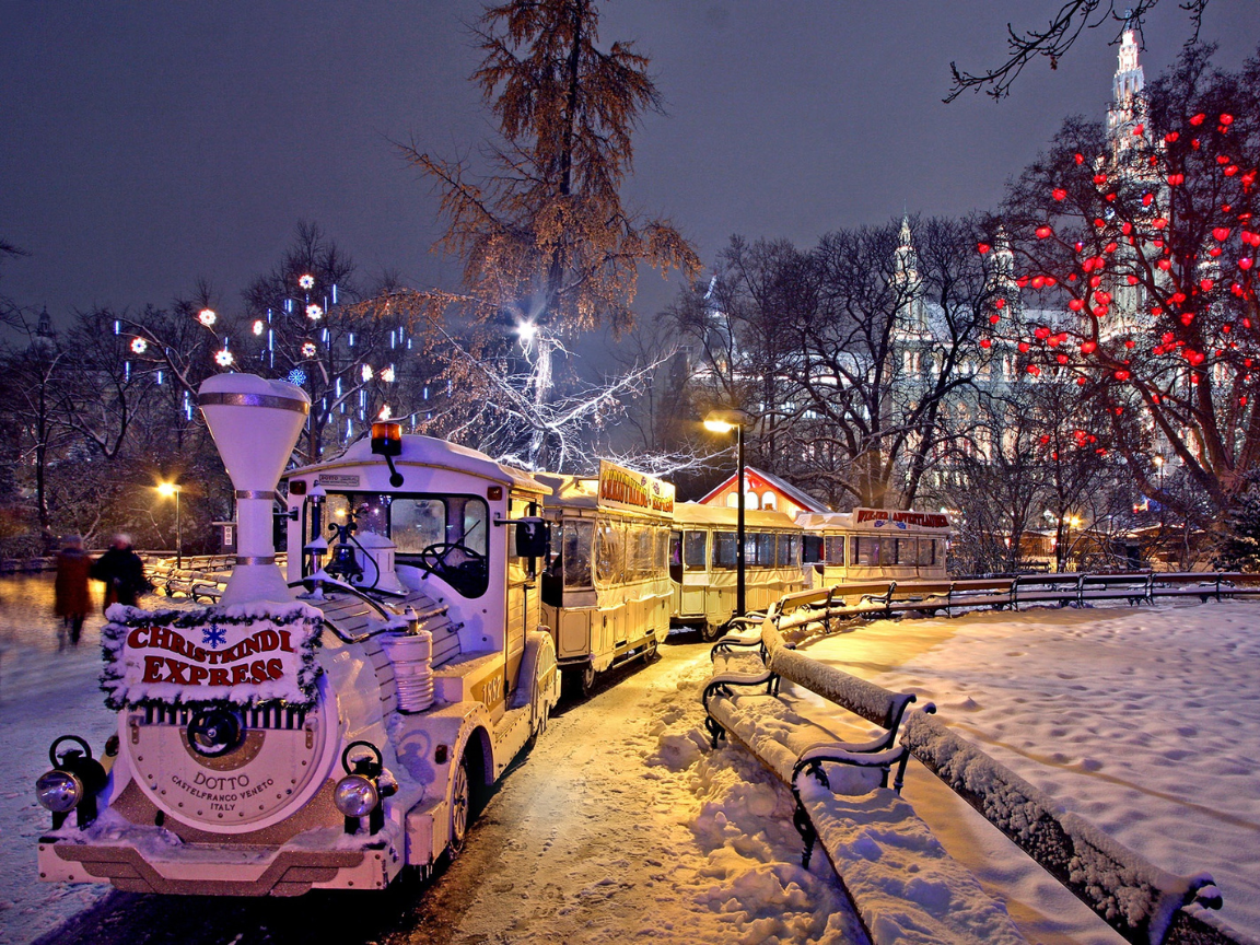 Winter in vienna, driving train and snow and lights