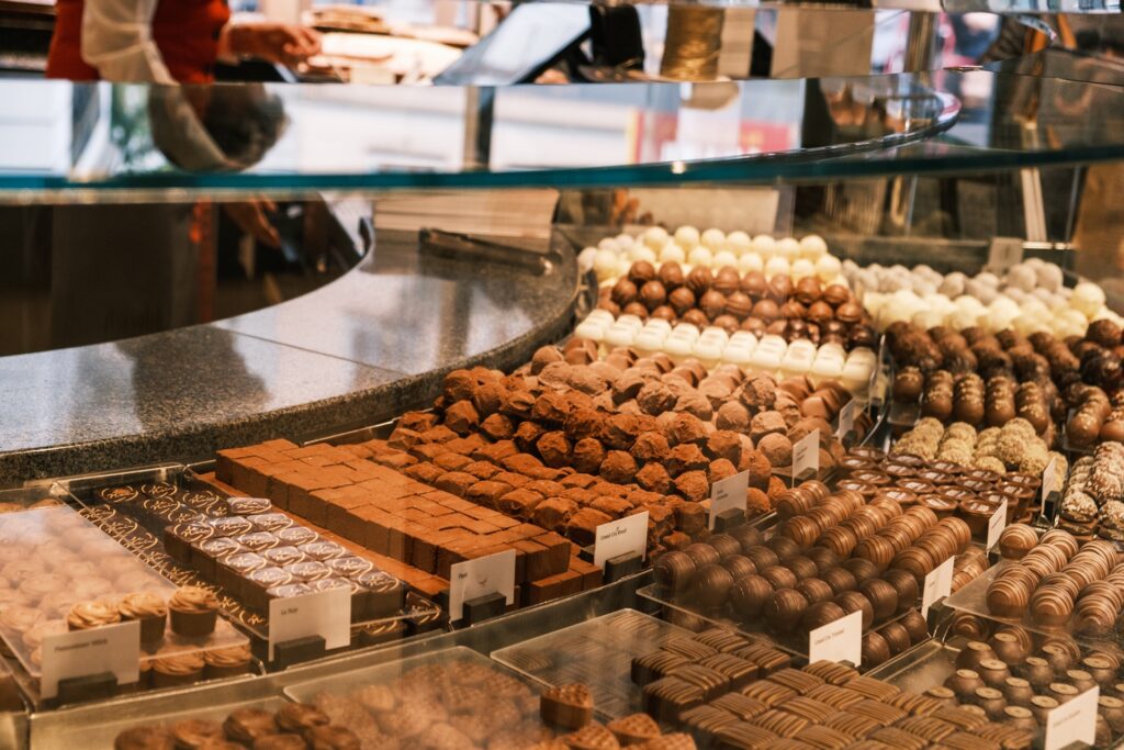 Chocolates displayed at a chocolatier in Switzerland