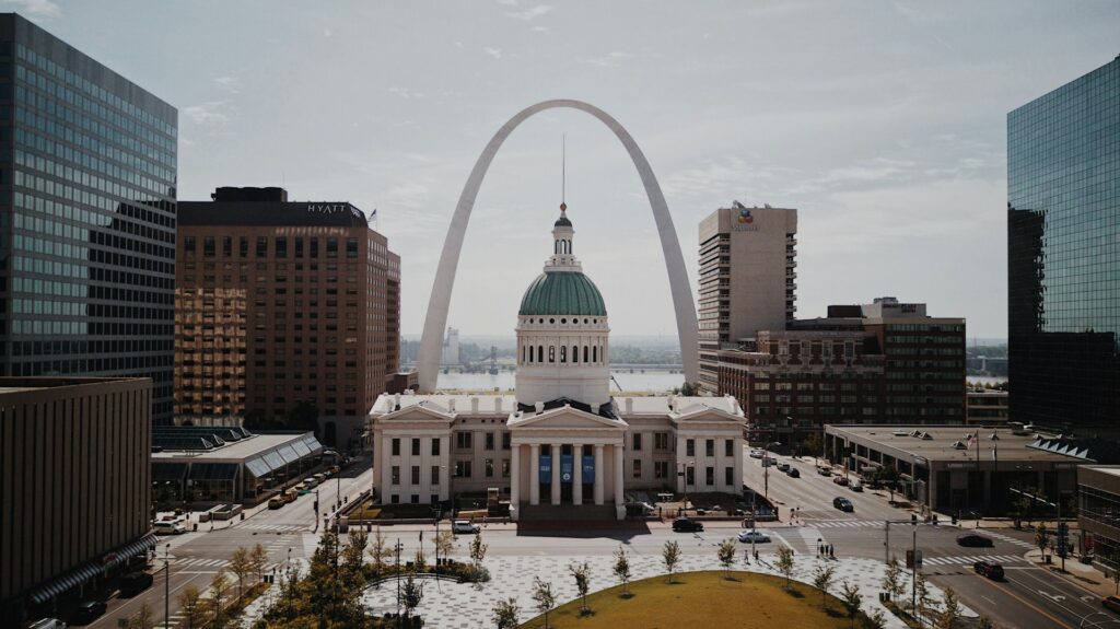 View of the Gateway Arch over the Old Courthouse in St Louis, Missouri