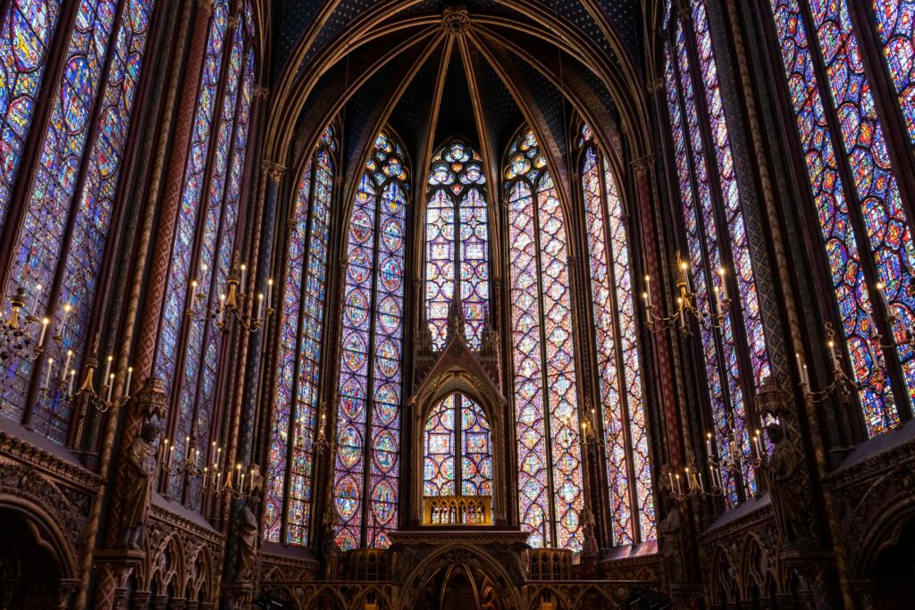 Interior of stained glass windows of Sainte Chapelle in Paris