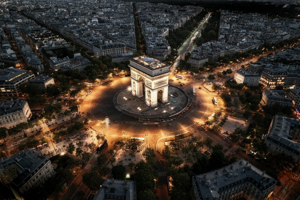 Arc de Triomphe seen from the air at night