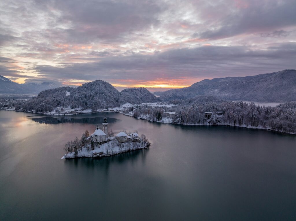 Aerial view of Lake Bled in Slovenia in the winter